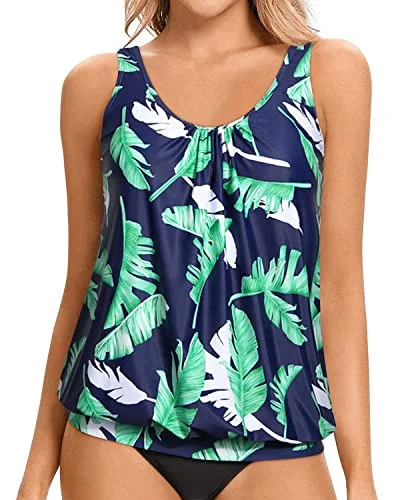 Women's Tankini Tops Modest And Flattering Blouson Style-Blue Leaf