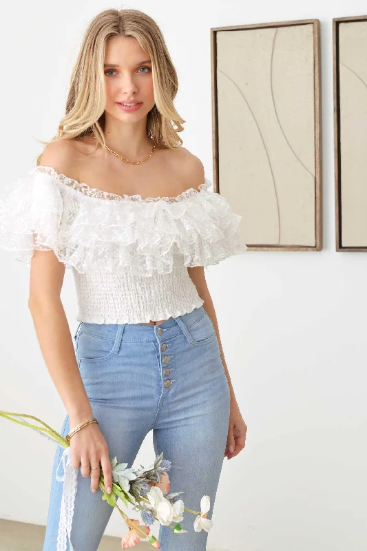 Ruffle Lace Smocked Off Crop Top