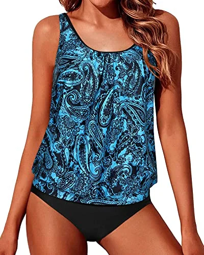 Modest Bathing Suits Loose Fit Blouson Tankini Swimsuits For Women-Blue Paisley